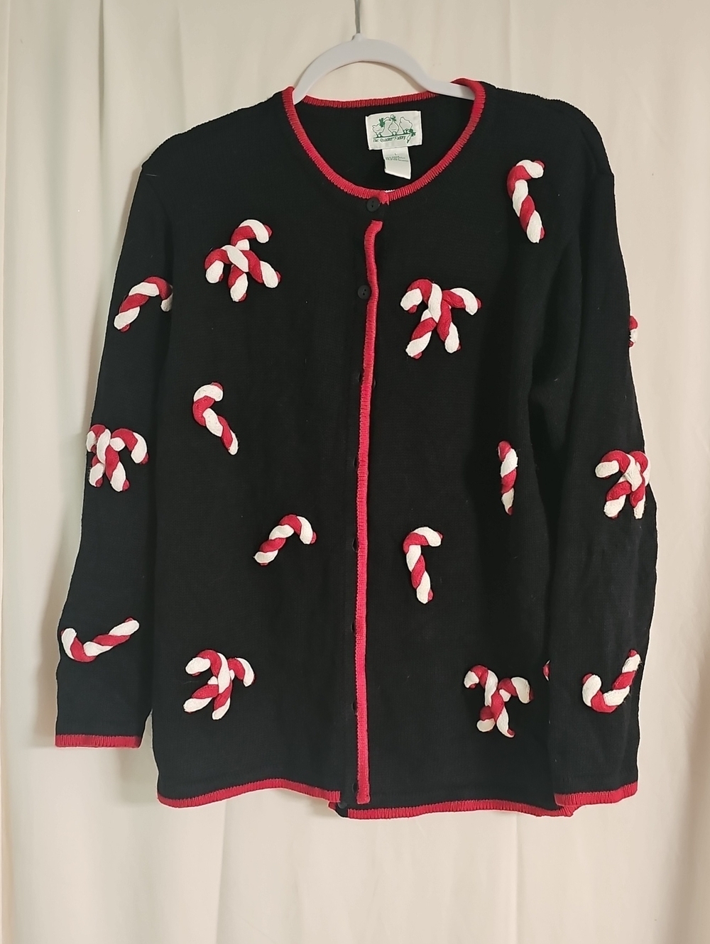 Black Candy Cane Appliqué Cardigan Sweater -The Quacker Factory